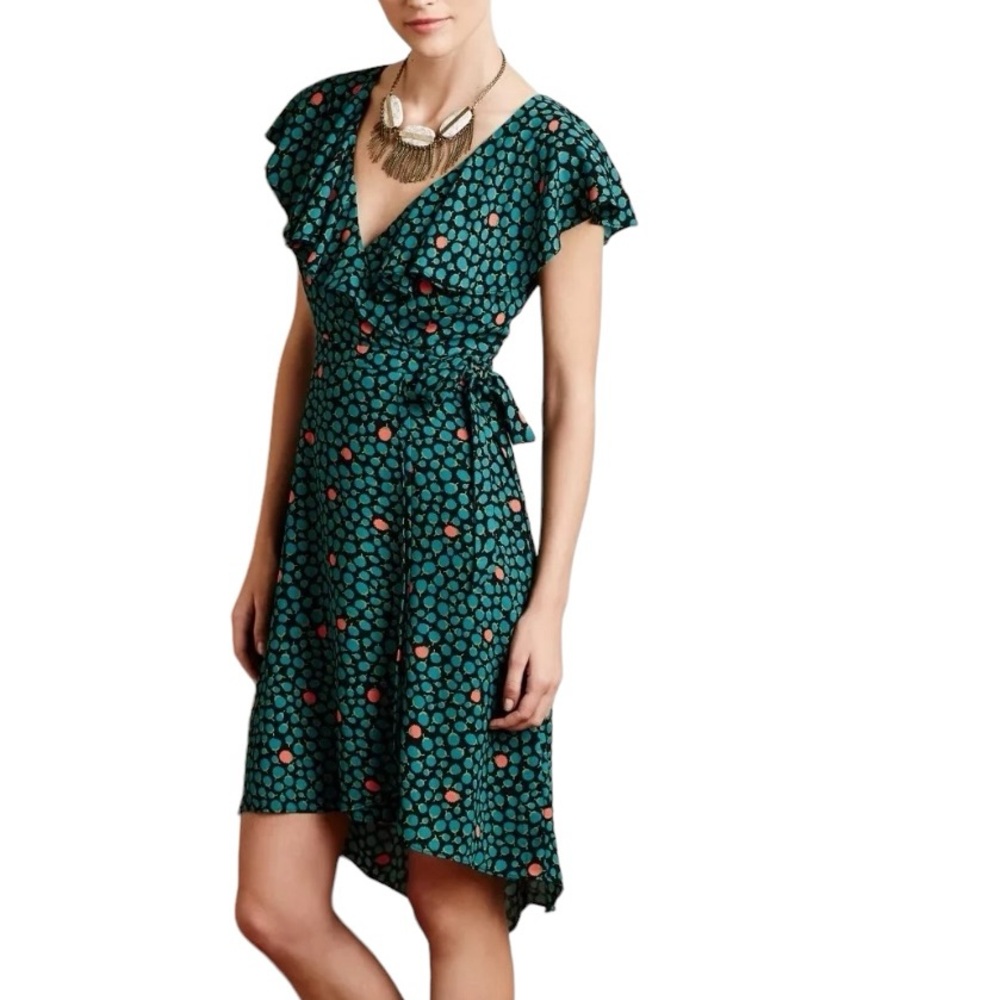 Anthropologie Teal Polka Dot Wrap Dress with Coral Accents
